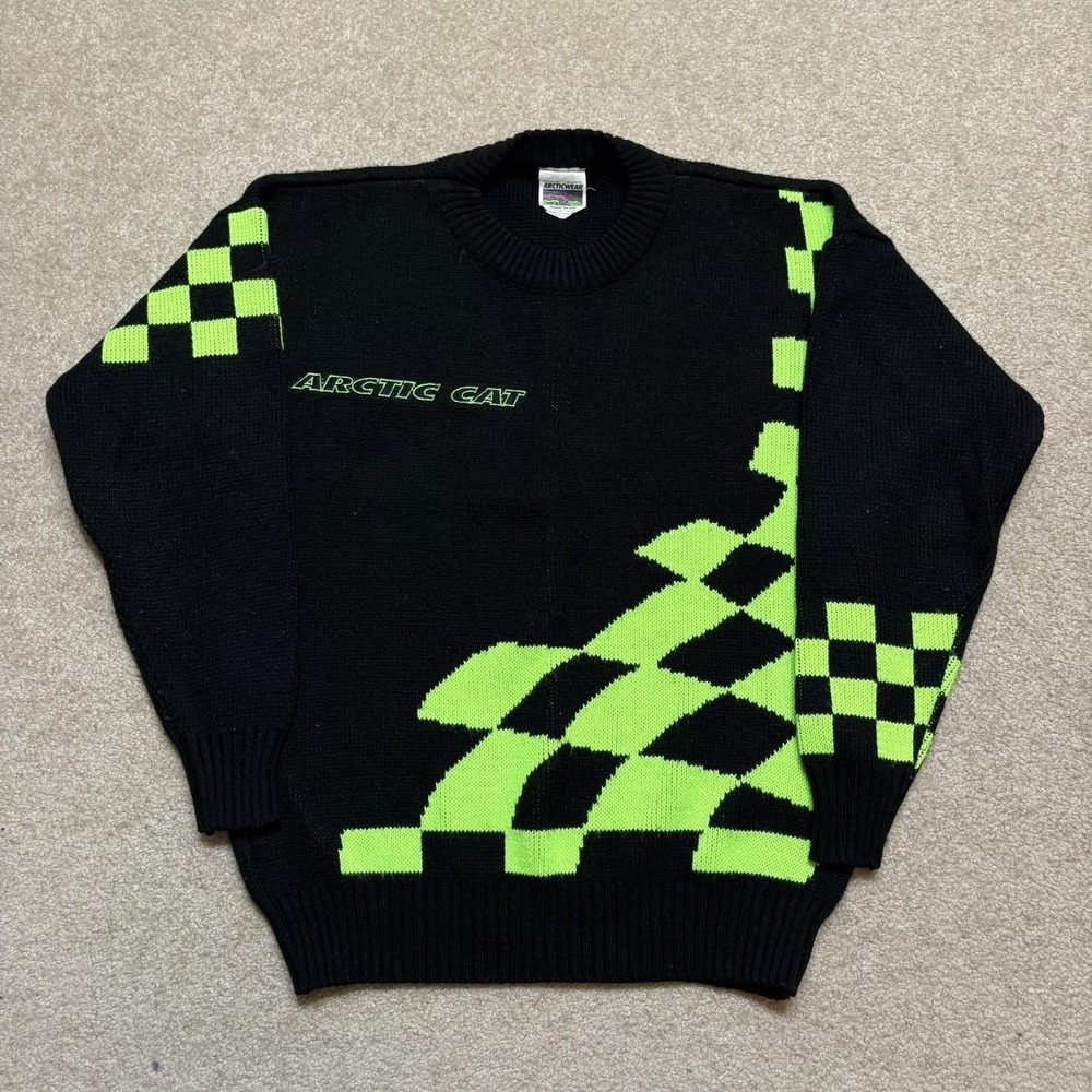 Vtg Arcticwear Arctic Cat Sweater Mens‎ Medium Black Neon Checkered Knit Racing